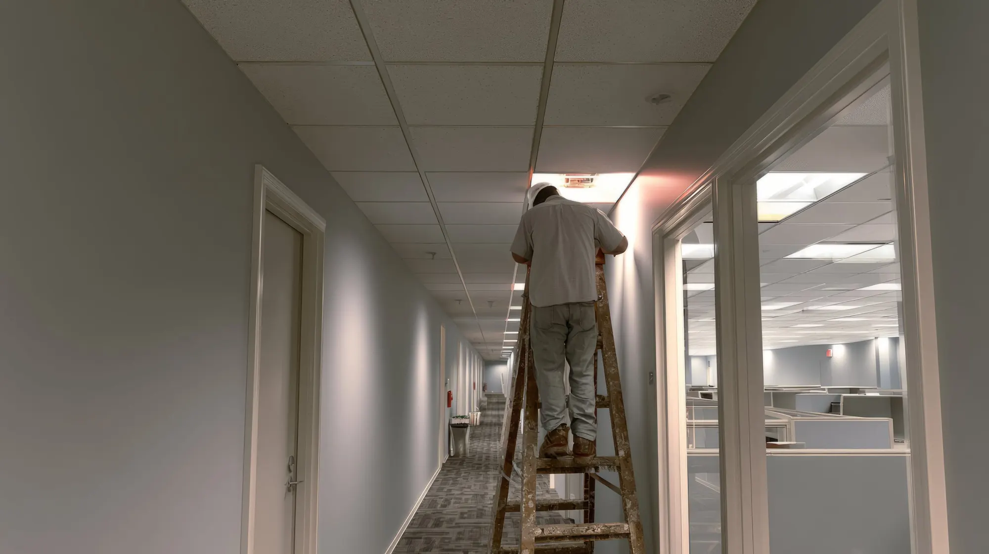 Técnico de mantenimiento subido a una escalera revisando las luces de emergencia de un pasillo luminoso